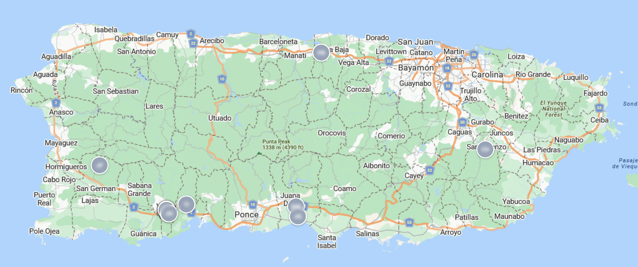 Map of Puerto Rico with seller location markers, identities masked