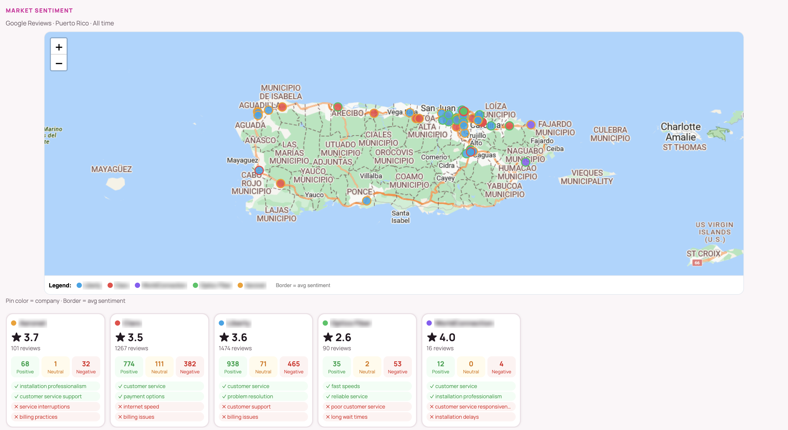 Market sentiment map from Google reviews across Puerto Rico, company names masked